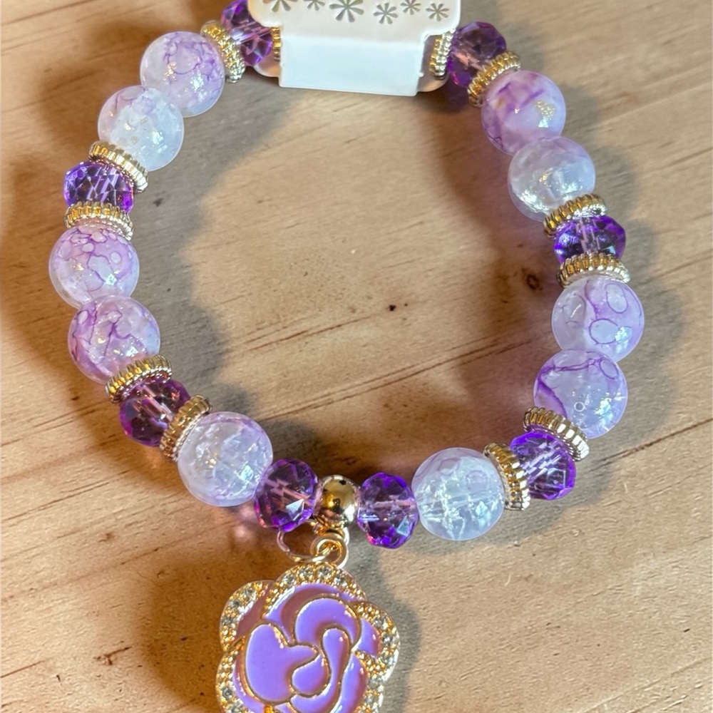 Princess Lavender and Gold Flower Charm Stretch‎ Bracelet